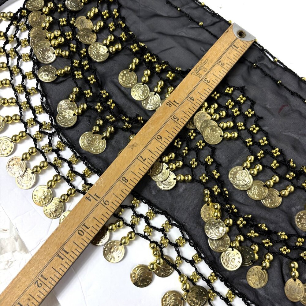 Black Belly Dance Hip Scarf with Three rows of Gold Coins - Picture 6 of 10
